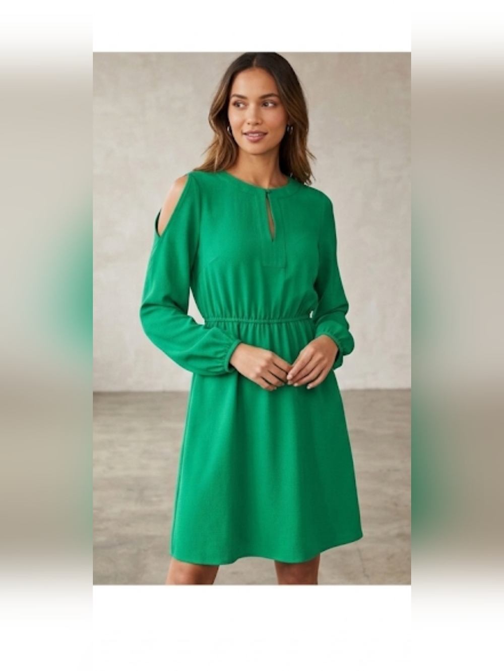 LOFT Cold Shoulder Teal-Green Long-Sleeve Waist-Elastic Dress